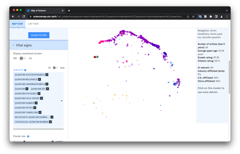 Screenshot of the Map of Science main view with quantum-related subjects highlighted