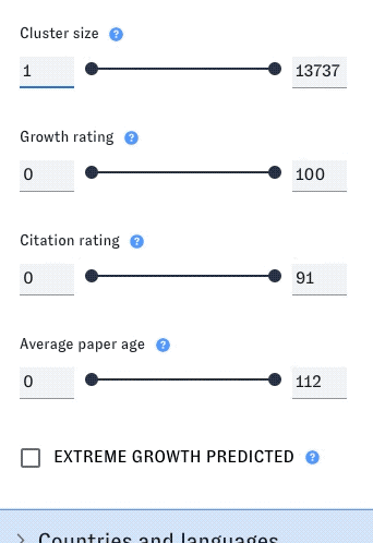 Screenshots: Applying filters for cluster size, article age, and citation rating