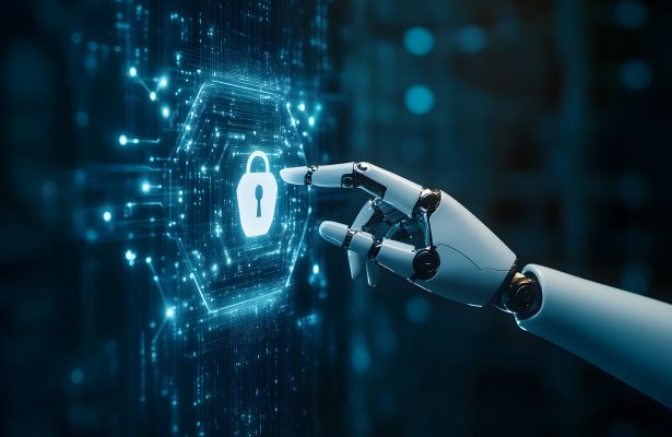 A robot reaches out to a digital lock.