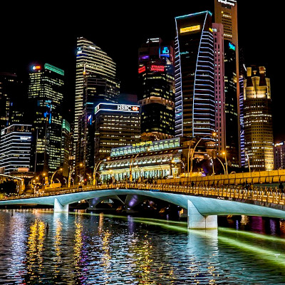 The Singapore skyline by night.