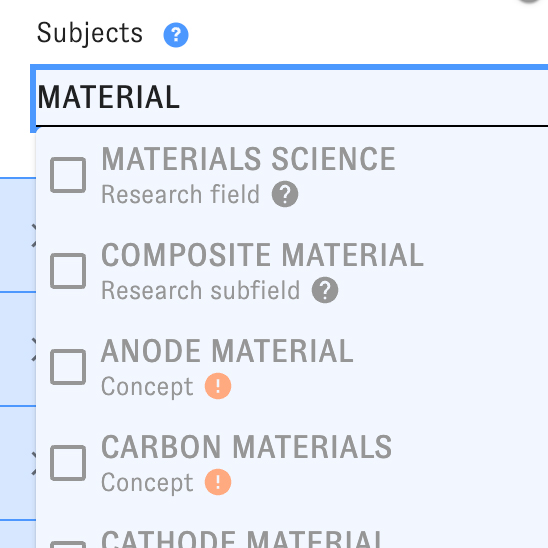 A partial screenshot of the Map of Science subject filter dialog.