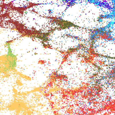 A close-up image of a region of the Map of Science, with multicolored dots representing research clusters