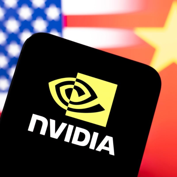 Nvidia logo with U.S. and China flags in the background