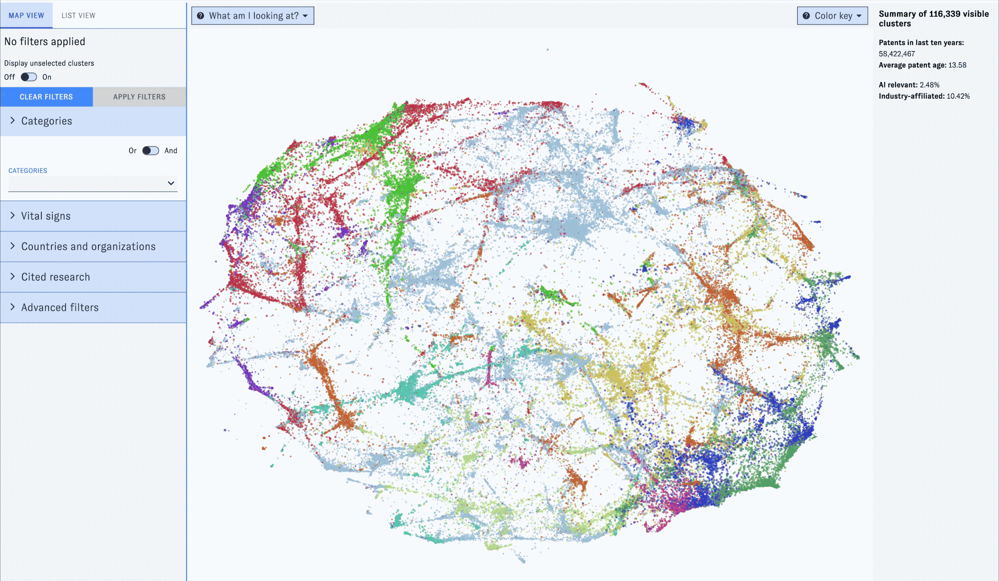 An animated screenshot of the Map of Patents. The user selects the Robotics category, and the map displays the 1,142 clusters relevant to robotics.