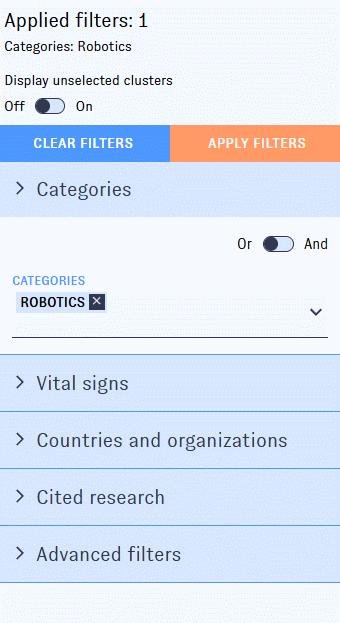 An animated screenshot of the Map of Patents. The user adjusts the advanced filters so that only clusters at least 20% robotics-relevant are shown, reducing the result to 671 clusters.