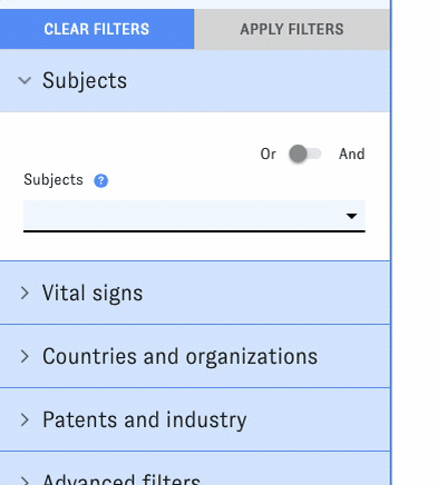 Animated screenshot from the Map of Science. The user opens a dropdown menu labeled Subjects and selects Chip Design and Fabrication from the list.