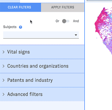 Animation: typing different phrases into the Subjects field in the Map interface opens dropdowns with different phrases identified as research fields, research subfields, and concepts.