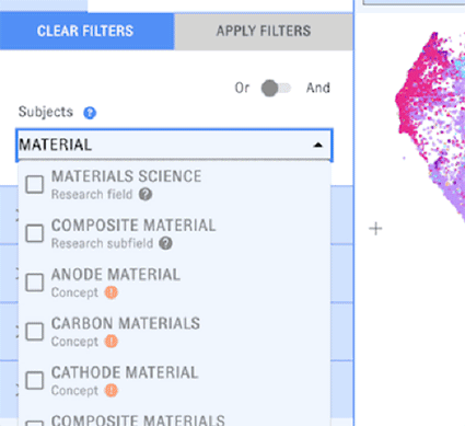 An animation of the Map of Science subject search feature. The user hovers over various tooltips, revealing explanatory text.
