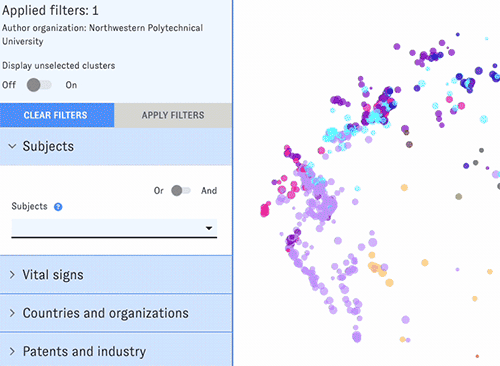 An animated screenshot of the Map of Science interface. The user selects "Robotics" from the subject dropdown and clicks a button to reapply filters. A new set of colorful dots appears.