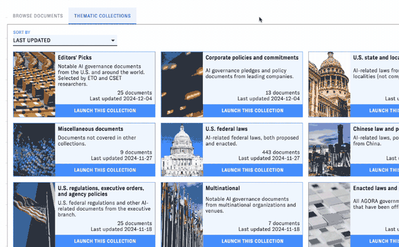 Visual from the AGORA interface: the user clicks on a box describing a specific AGORA collection. The interface loads a feed-style list of documents corresponding to that collection. The user scrolls through the list.