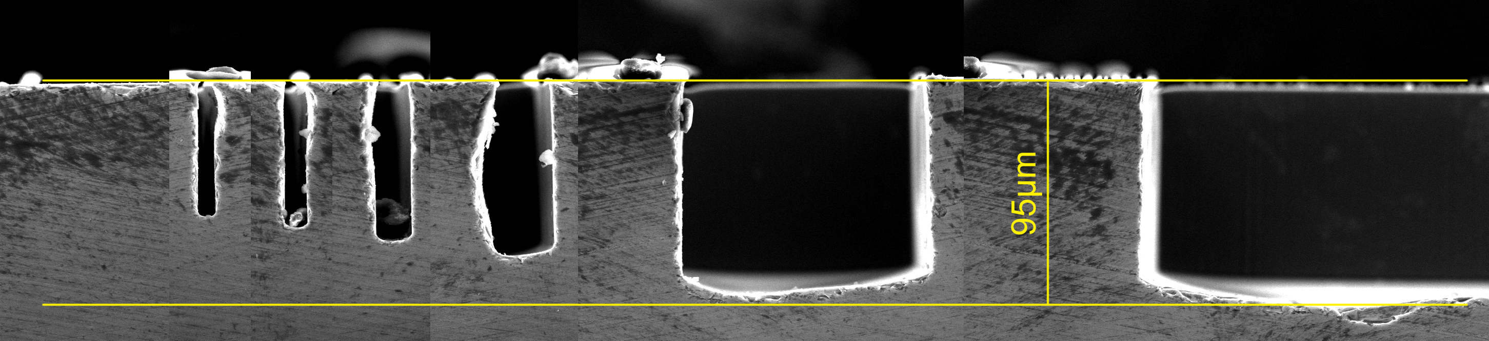 Black and white microscopy image of channels etched with a deep reactive ion etching tool. The deepest channel is about 100 micrometers, roughly the width of a human hair.