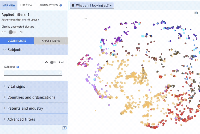 An animated screenshot of the Map of Science interface. The user applies a filter for computer science, zooms in on a specific portion of the Map, then switches to the Map's list view.
