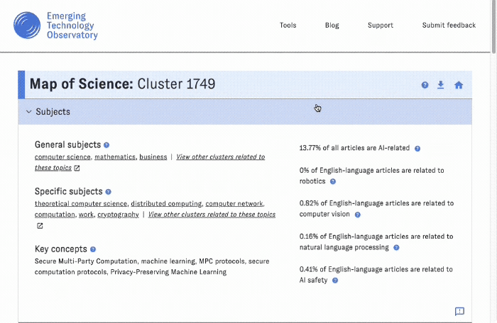 An animated screenshot of the Map of Science interface. The user scrolls through detail view for a cluster, browsing data in various panes, then opens a link to a Web of Science record.