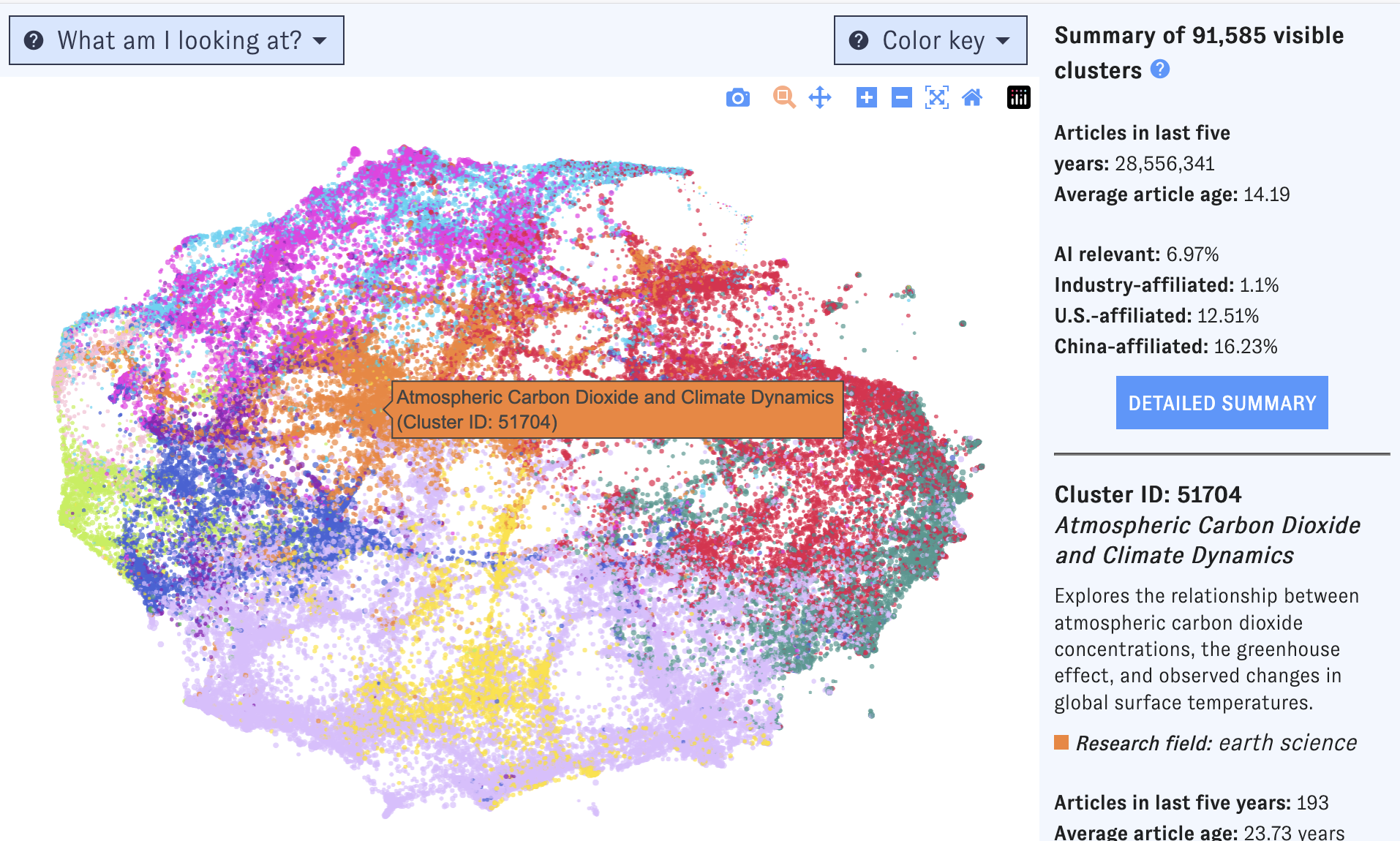A screenshot of a user hovering over a cluster in the main map view, displaying the corresponding title and summary.