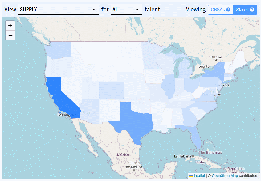An animated screenshot from PATHWISE. The user views the non-government demand for cyber talent in the DC CBSA.